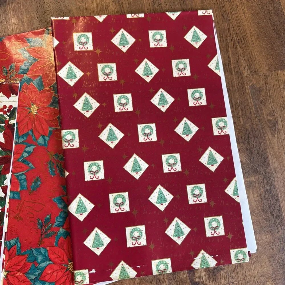 5 Sheets Christmas Wrapping Paper Poinsettia Wreath Holiday Tree Gift Wrap